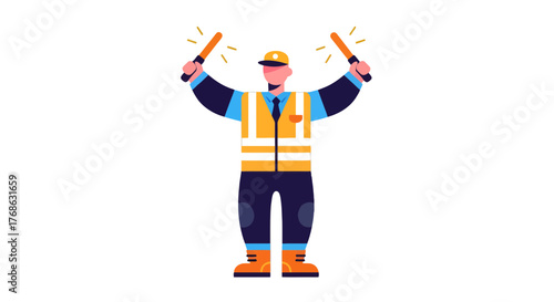 Illustration Of Person Directing With Light Wands On Dark Background And Yellow Vest