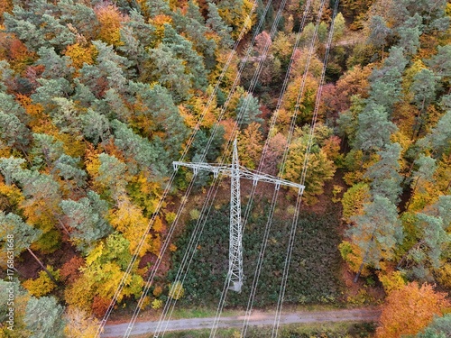High voltage power lines through colorful autumn forest – aerial view