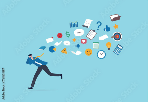Information overload, excess distraction or overworked, overwhelmed data consume, problem with schedule or workload concept, frustrated businessman run away from flying social and work information