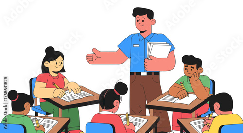 Illustration Of Students During A Test With Teacher Supervising And Guiding Them
