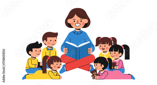 Illustration Of Teacher Reading A Book To Group Of Children With Dark Background