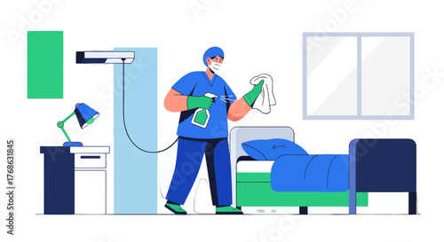 Hospital Hygiene: Medical Professional Sanitizing A Room For Infection Prevention And Control