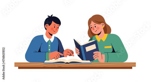 Illustration Of Two People Reading Books Together And Sharing Knowledge Efficiently