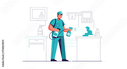 Hospital Hygiene Protocol Illustrated: Medical Professional Sanitizing Surfaces for Cleanliness