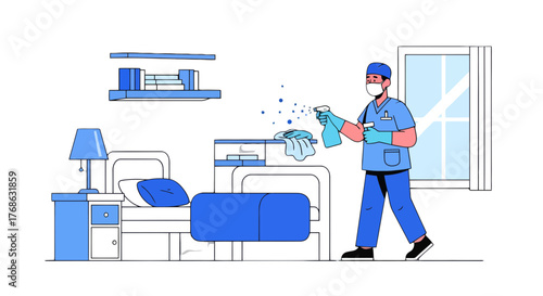 Hospital Hygiene Worker Sprays Disinfectant In Patient Room With Sterilization Cleaning