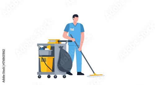 Hospital Hygiene Worker with Cleaning Cart Performing Floor Mopping in Uniformed Clothes