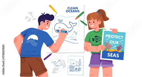 Illustration Of Volunteers Working For Ocean Preservation And Environmental Awareness