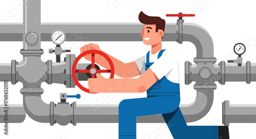 Industrial Engineer Manually Controlling Valve Wheel within Fluid Pipeline Structure