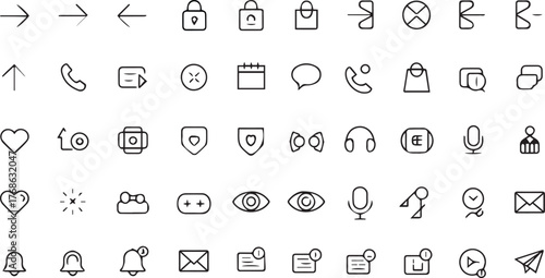 Assortment of Outline Icons for Digital Applications and User Interfaces Keywords: arrow, right arrow, left arrow, lock, unlocked, shopping bag, forward, circle, phone, call, cross, calendar