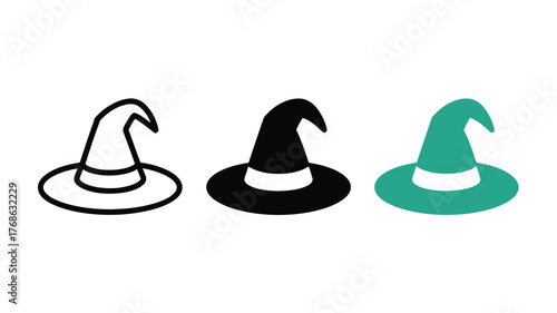 Three witch hats in different styles: outline, black, and teal