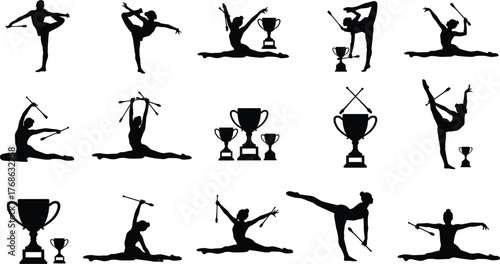 Rhythmic gymnastics silhouette vector set, female athlete poses with clubs, trophy icons included, black sport illustration, editable design for competition themes