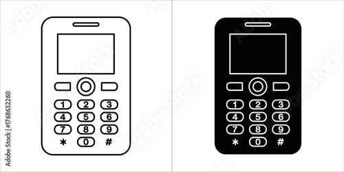 Simple outline and filled icon of a classic mobile phone with a numeric keypad