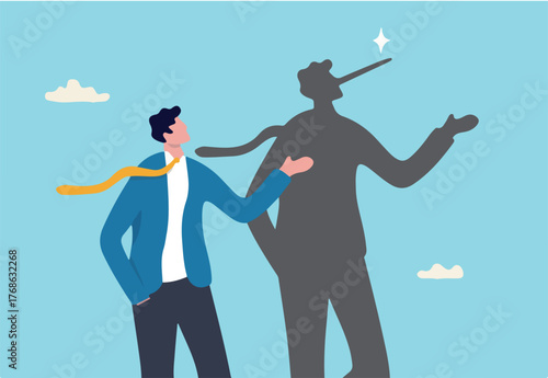 Honesty or trust, liar, fake or business fraud, integrity or telling the truth, false information, cheating or hiding the truth concept, dishonesty businessman lying with Pinocchio long nose shadow.