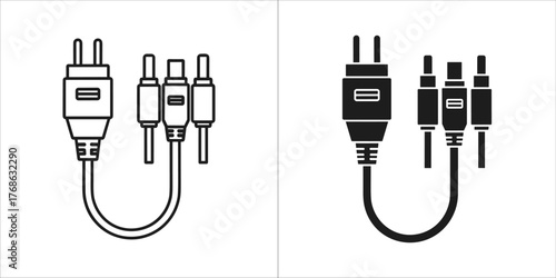 Two icons of audio video cables, one outline and one solid black