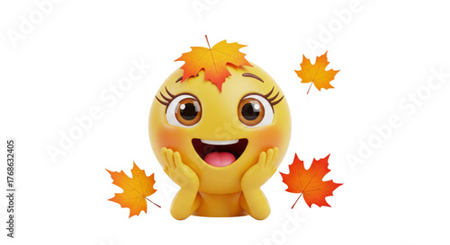 Joyful Autumn Emoji Face Surrounded by Falling Maple Leaves for Seasonal Promotion Design