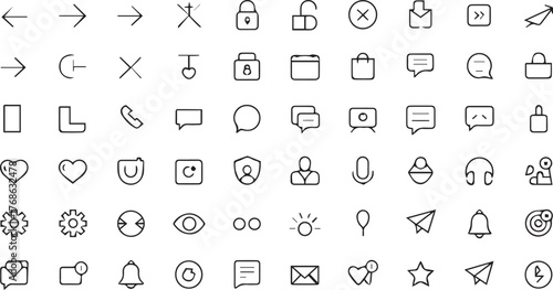 Collection of Outline Icons for User Interface and Web Design Elements Keywords: arrow, right arrow, left arrow, cross, lock, unlocked, close, download, forward, paper airplane, circle, phone