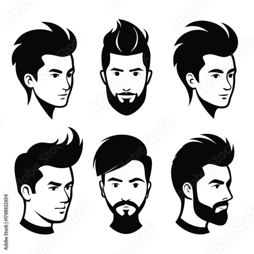 Vector illustration set six diverse men's hairstyles trendy stylish portraits scalable eps graphic vector