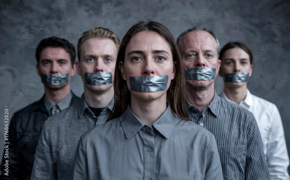 custom made wallpaper toronto digitalSilent voices suppressed - corporate professionals with tape covering mouths symbolizing censorship and workplace communication barriers