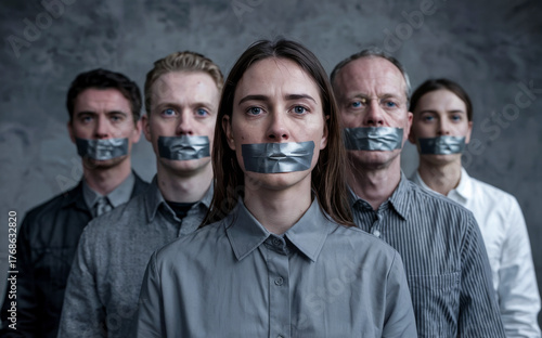 Silent voices suppressed - corporate professionals with tape covering mouths symbolizing censorship and workplace communication barriers