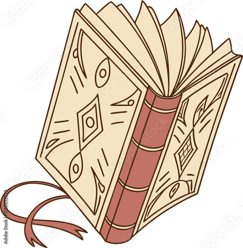 Open magical spell book vector illustration with sparkles and ribbon isolated scalable eps vector