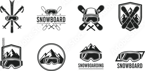 Snowboarding emblem vector set, black winter sport icons, goggles, helmets, mountain gear illustrations, snowboard badge designs, editable graphic elements for branding