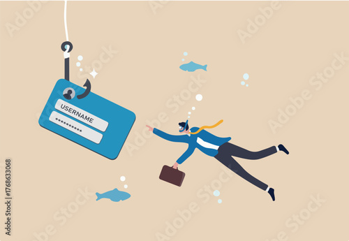 Phishing or stealing personal information, fake login screen to hack username, password, cyber security or threat website concept, businessman diving to unknown fishhook user account phishing login