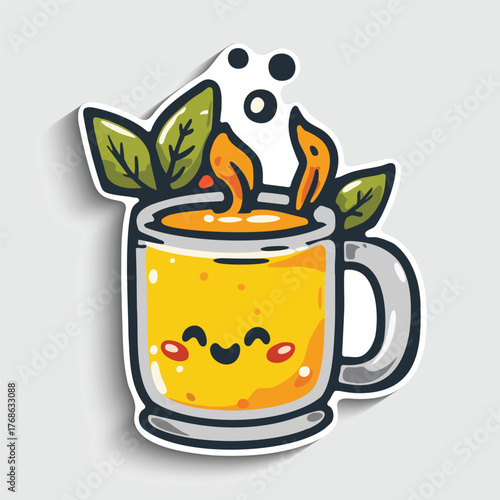 Happy Tea Mug Sticker. Cute Cartoon Cup with Smiling Face and Mint Leaves Vector Illustration.