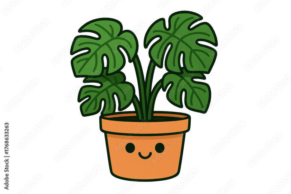 Obraz premium Cute monstera potted houseplant cartoon smiling, kawaii exotic tropical plant illustration on transparent background