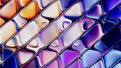 Wavy glass surface with iridescent purple and blue tones, modern abstract style. 3d render illustration.