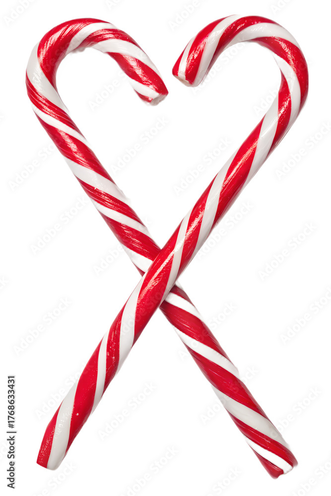 Fototapeta premium Two traditional sweet christmas candy canes with red and white stripes, crossed and isolated on transparent background for festive holiday designs