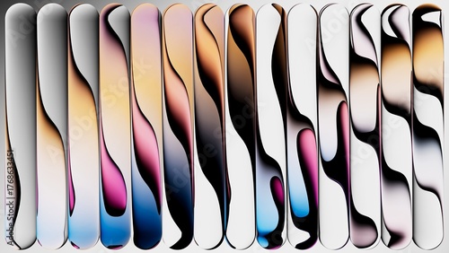 3d render. Abstract background. Refraction and reflection in vertical stripes of rippled glass. Modern wallpaper with ripple effect