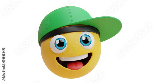 Cool Emoji Wearing Green Baseball Cap Grinning with Tongue Out for Youth Fun Design