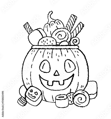 Halloween candy bucket. Vintage pumpkin illustration. Trick or treat basket design. Vector Halloween candy bucket on white background. Doodle graphic print, retro art. Pumpkin sign with sweet food bag