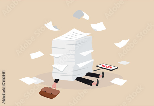 Overwork and overload work make employee exhausted and stressed leads to depression, burnout and low efficiency, fatigue business woman buried under pile of paper or unfinished work near deadline.