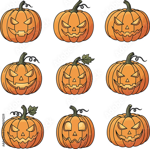 Set of nine carved Halloween pumpkins with various scary faces, perfect for spooky decorations and festive autumn celebrations