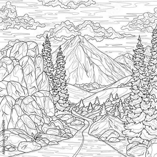 Road leading to the mountains.Scenery.Coloring book antistress for adults. 