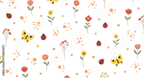 Charming Spring Summer Seamless Pattern Cute Flowers Butterflies Ladybugs Fabric Wallpaper Design