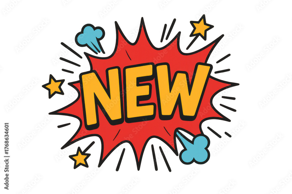 Naklejka premium New word in comic speech bubble with burst, stars, and smoke, pop art sticker, transparent background