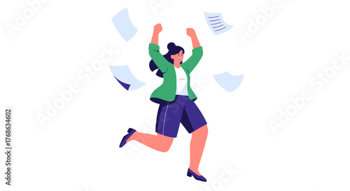 Joyful Employee Celebrating Success After Reviewing Documents in a Flat Design Style