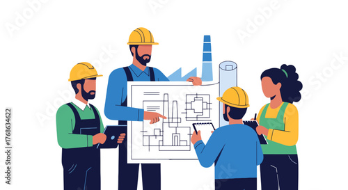 Industrial Team Analyzing Blueprint For Construction Project on Black Background