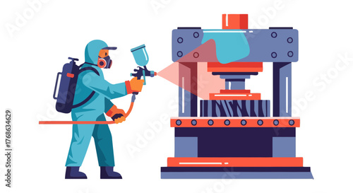 Industrial Worker Applying Protective Coating With Spray Gun Around Machinery