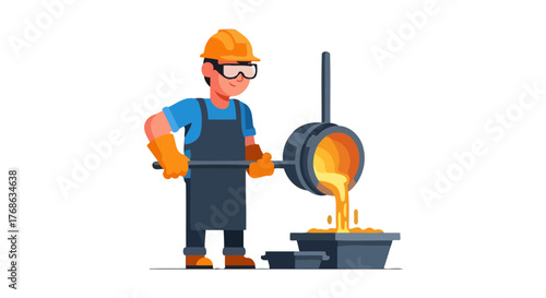 Industrial Worker Casting Molten Metal Into Vessel Against a Black Background