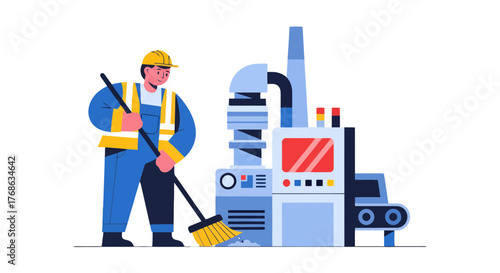 Industrial Worker Cleaning Factory Floor with Broom Near Production Machinery