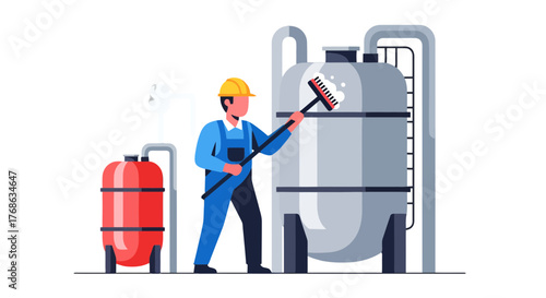 Industrial Worker Cleaning Large Tank With Broom In A Flat Vector Illustration Style