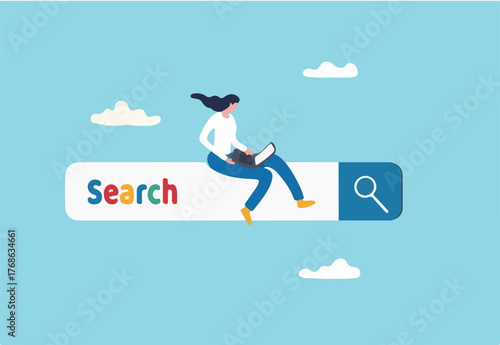 Search box, SEO search engine optimization or finding website from internet, online job or career opportunity concept, woman working with computer laptop on search box with magnifying glass button.