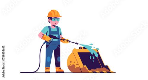Industrial worker cleaning the construction equipment with high pressure water jet sprayer