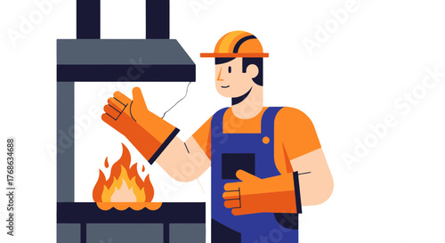 Industrial Worker Giving A Thumbs Up Next To Fire Within A Furnace In Illustration