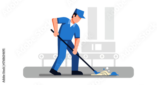 Industrial Worker Sanitation Cleaning Floor With Mop Next To Production Line And Machinery