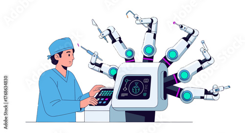 Innovative Doctor With Remote Surgical Robots Performing Medical Procedures in Hospital