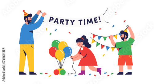 Joyful Gathering Prepares Celebration With Balloons, Banners, and Party Hats for Fun